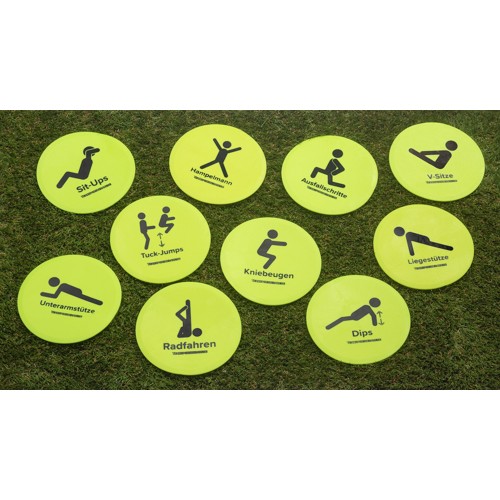Marking discs with fitness exercises ø 15 cm (neon yellow) - set of 10